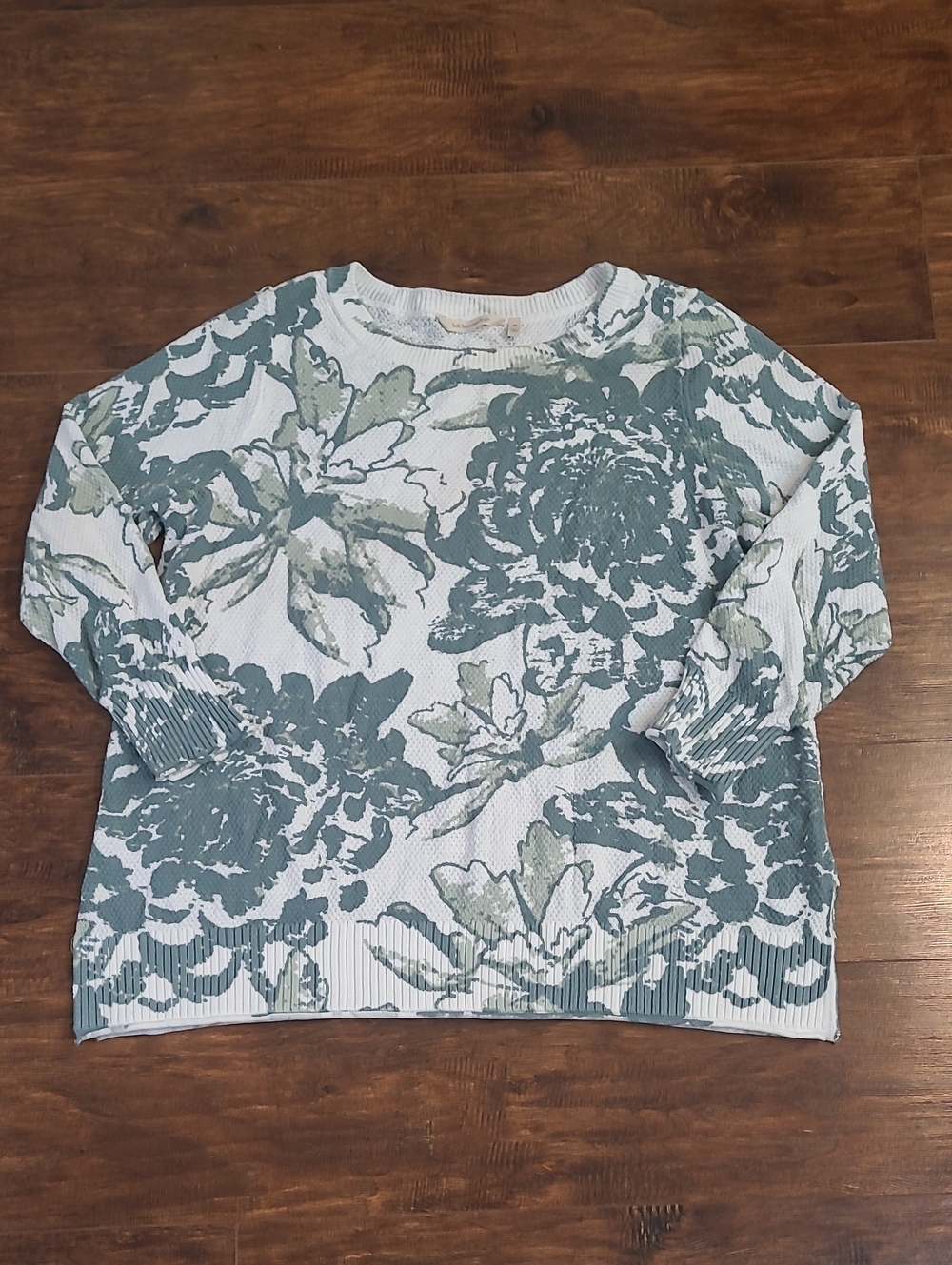 Soft Surroundings Green and White Floral Crewneck Sweater Cotton 2x